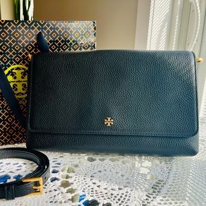 Brand New Tory Burch Blake Black Pebbled Leather Flap Crossbody